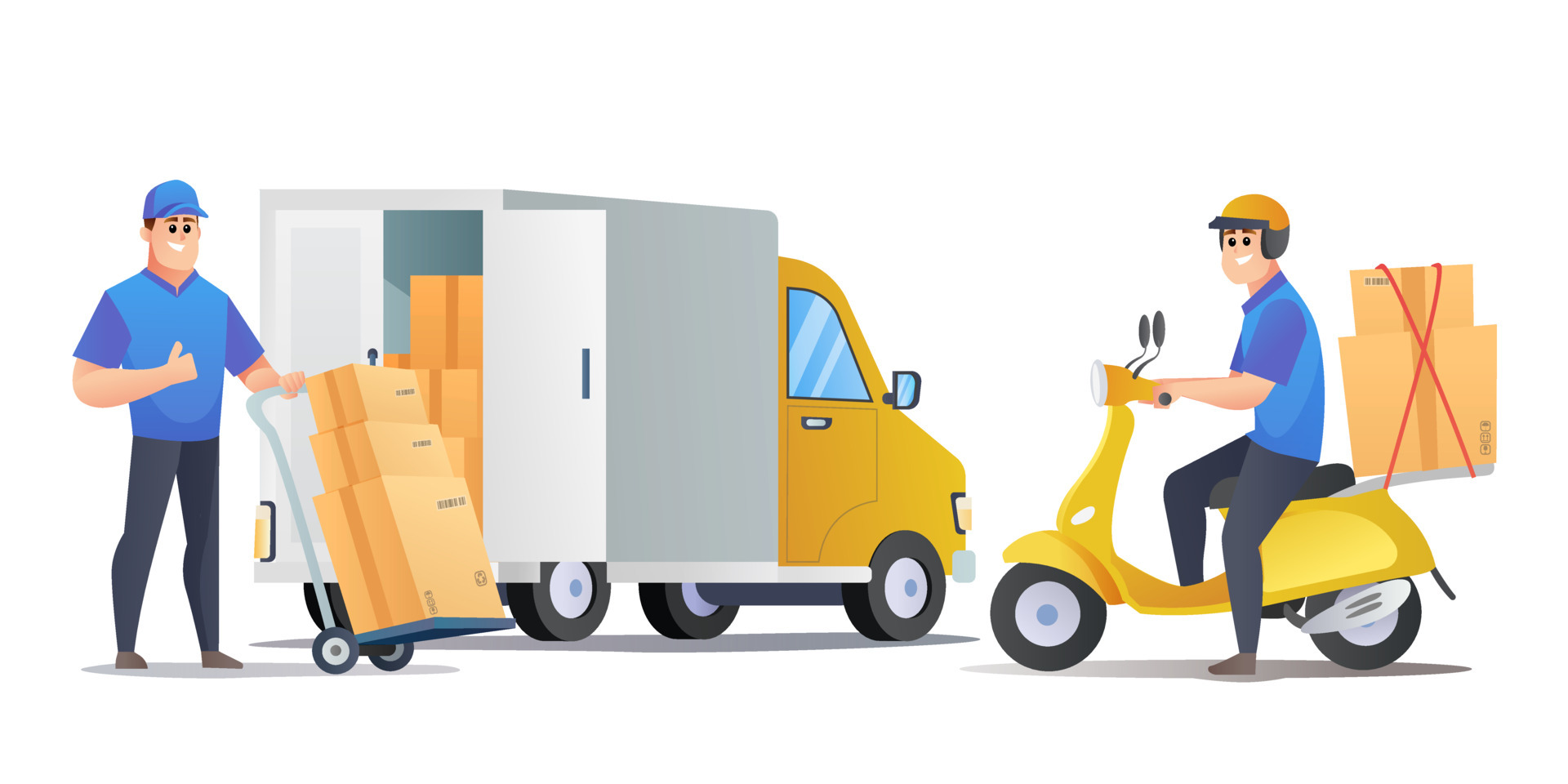 couriers-delivery-packages-by-van-and-scooter-cartoon-illustration-vector